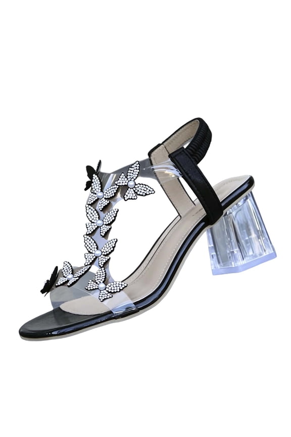 Women's Rhinestone Butterfly Heeled Sandals, Open Toe with Transparent Block Heel, Glam Comfort Footwear Black 36