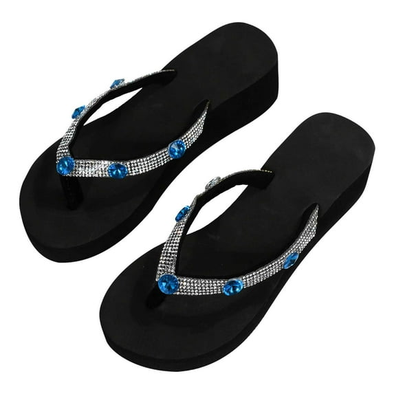 KIJBLAE Women's Rhinestone Flip Flops Blue Bling Sandals Summer Beach Thong Slippers Ladies Wedge Sandals Dress Sandals Outdoor Shoes Blue 38