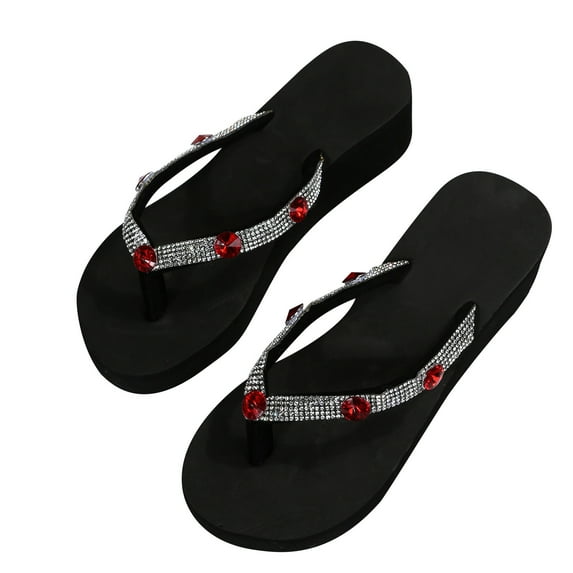 KIJBLAE Women's Rhinestone Flip Flops Blue Bling Sandals Summer Beach Thong Slippers Ladies Wedge Sandals Dress Sandals Outdoor Shoes Red 42