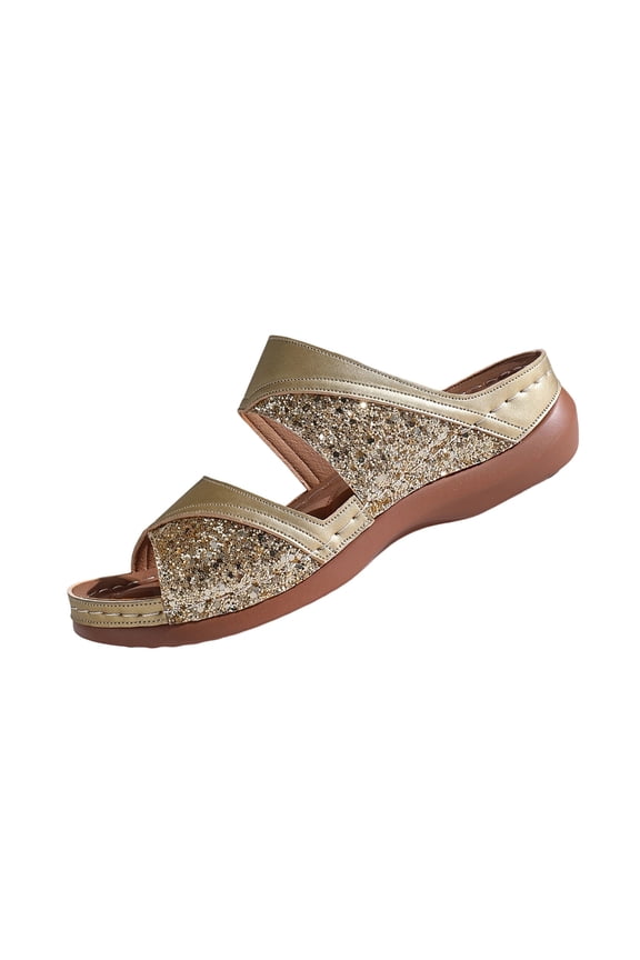 Women's Rhinestone Round Toe Thick Sole Wedge Sandals, Sparkly Open Toe Beach Slides for Party Gold 36