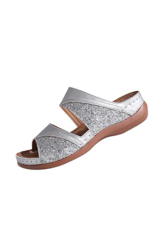 Women's Rhinestone Round Toe Thick Sole Wedge Sandals, Sparkly Open Toe Beach Slides for Party Silver 40