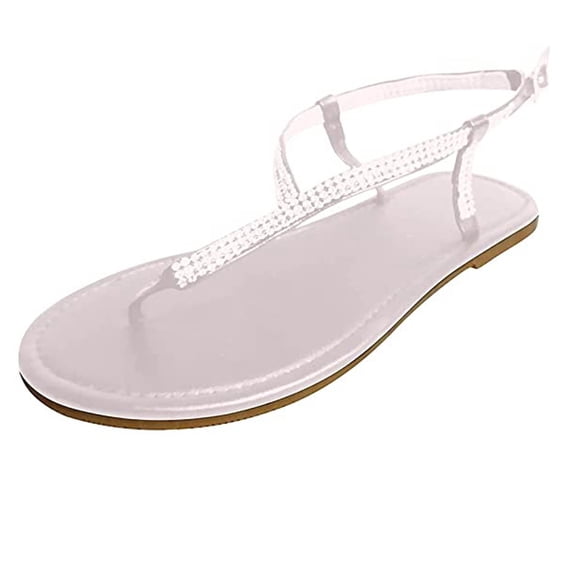 KIJBLAE Women's Rhinestone T-Strap Sandals Flat Summer Beach Party Dress Sandals Bling Thong Sandals Non-Slip Flip Flops Silver 35