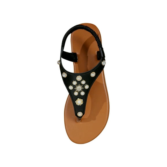 KIJBLAE Women's Sandals Glamorous Outdoors T-strap Flat Sandals For Women Rhinestone Decor Plain PVC Toe Post Thong Sandals Black 38 Lady Sandals