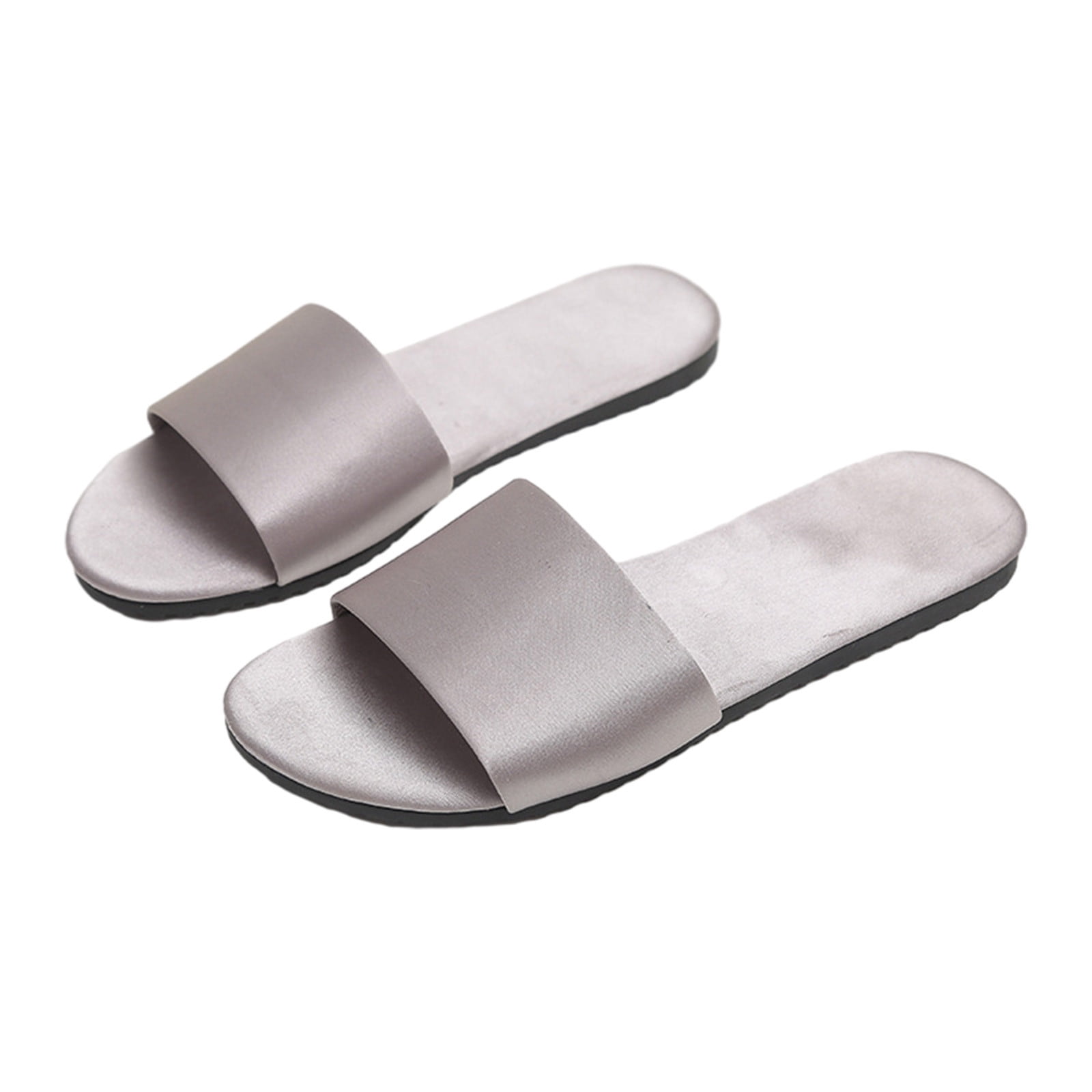 KIJBLAE Women s Satin Slip on Flat Slippers Solid Color Open Toe House Slides Indoor Bedroom Shoes Gray 38