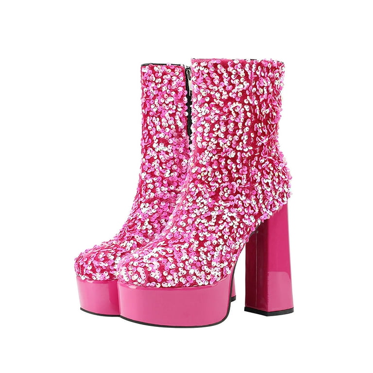 KIJBLAE Women's Sequined Platform Boots Chunky Heel Ankle Booties