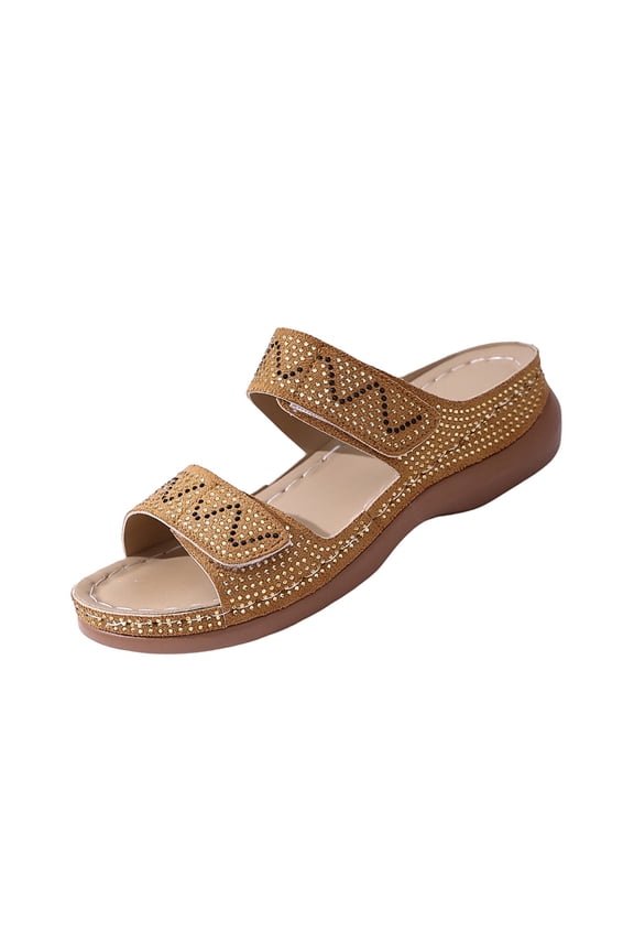 Women's Shiny Rhinestone Wedge Beach Slides, Round Toe Open Toe Thick Sole Slippers for Summer Brown 37