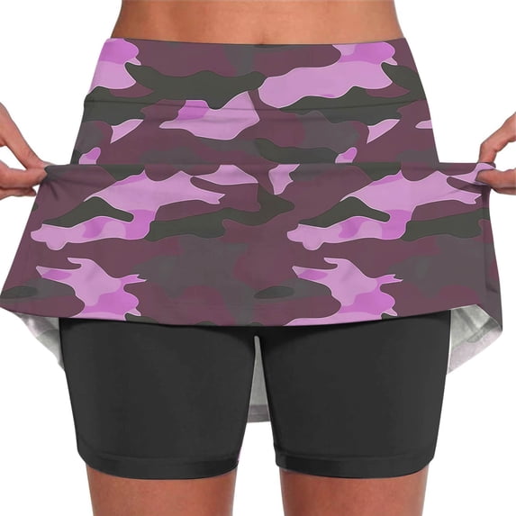 KIJBLAE Women's Skort High Waist Blue Camouflage Pleated Tennis Skirts with Shorts Pockets Athletic Golf A-Line Skater Skirt Purple XL