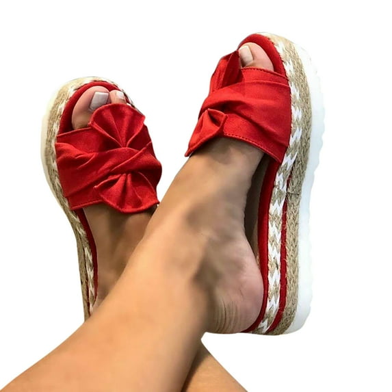 KIJBLAE Women's Slippers Bowknot Beach Summer Slippers Slope Heels Plus Size Shoes Red 38 Lady Slippers