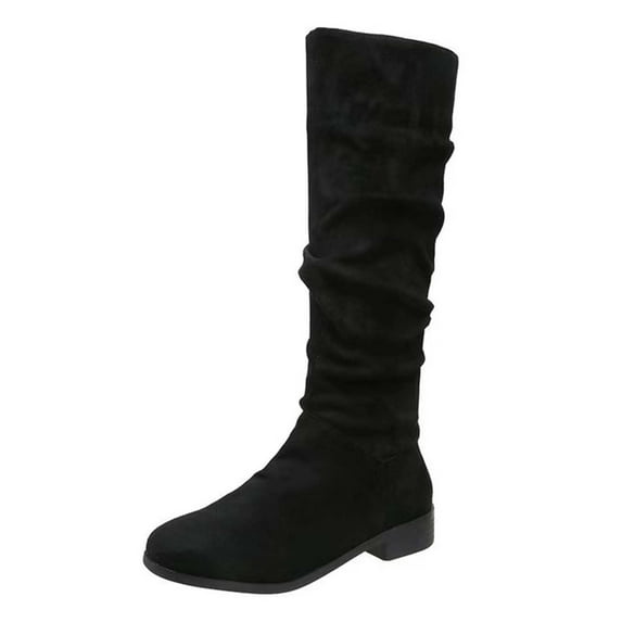 KIJBLAE Women's Slouch Knee High Boots Suede Flat Heel Over The Knee Boots Stretchy Pull On Winter Boots Black 39