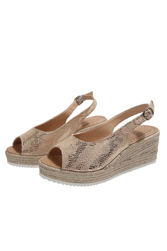 Women's Snake Print Espadrille Wedge Sandals, Peep-Toe Slingback with Buckle, Plus Size Trendy Comfort Footwear for Casual Rose Gold 36