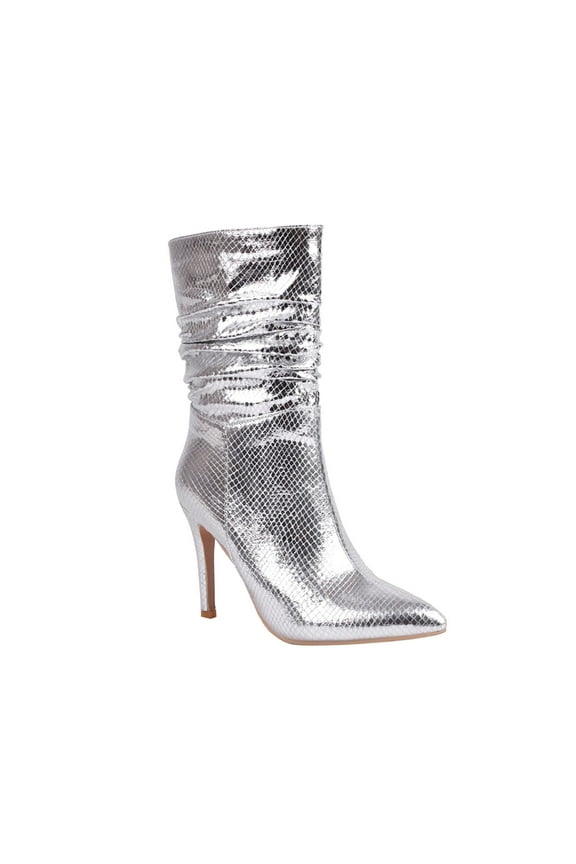 Women's Snake Print Pointed Toe Stilettos Heel Ankle Boots Pull on Shiny Faux Leather Party Mid Calf Boots Silver 35