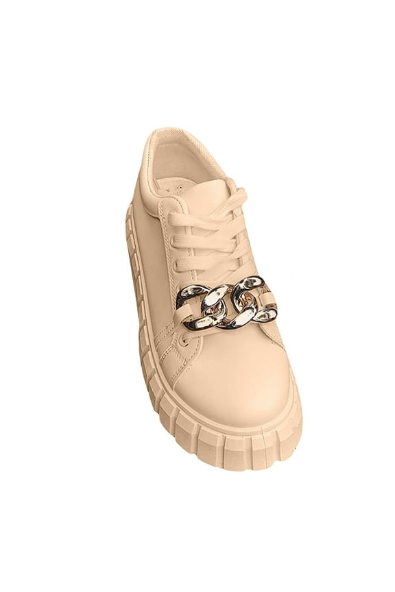 Women's Sneakers Chain Decor Shoes Fashion Chunky Sneakers Breathable Lace-Up Vulcanized Shoes Ladies Trainers Footwear Beige 41