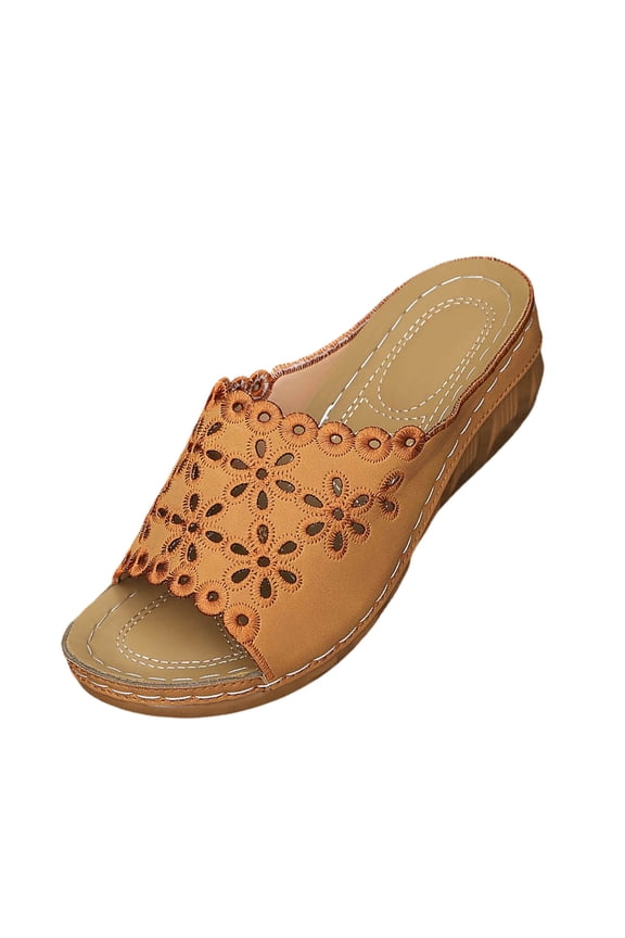 Women's Solid Color Fish Mouth Wedge Sandals, Wide Width Lightweight Open Toe Thick Sole Casual Beach Summer Slides Brown 36