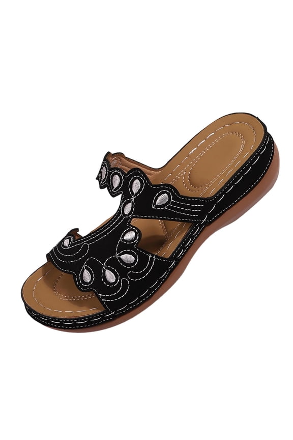Women's Solid Color Open Toe One Band Wedge Sandals, Thick Sole Fashion Casual Summer Beach Outdoor Vacation Slippers Black 41
