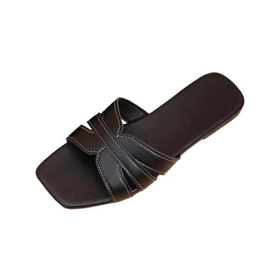 KIJBLAE Women's Solid Color Square Toe Open Toe Flat Slides, Wide Width Lightweight Casual Slippers for Summer Black 41