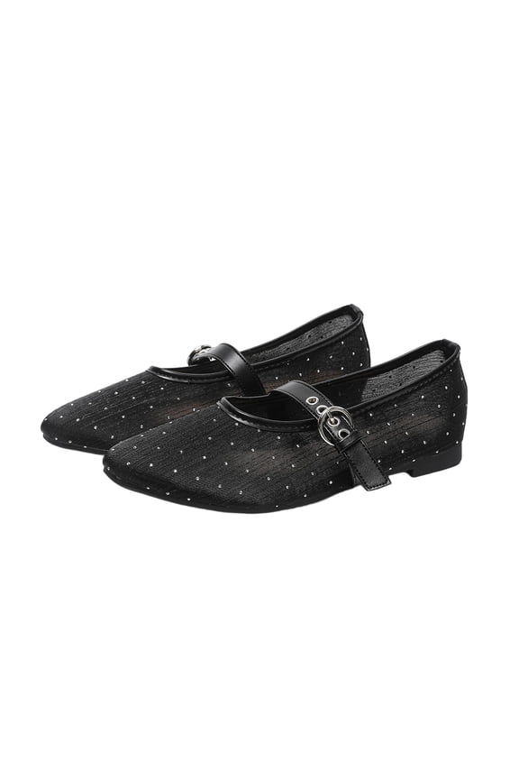 Women's Solid Mesh Mary Jane Flats, Thin Band Rhinestone Decor Slip On Breathable Casual Shoes Black 36