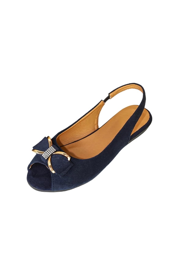 Women's Solid Peep Toe Bow Knot Flats, Soft Sole Slip On Lazy Trendy Summer Casual Flat Shoes Navy 40