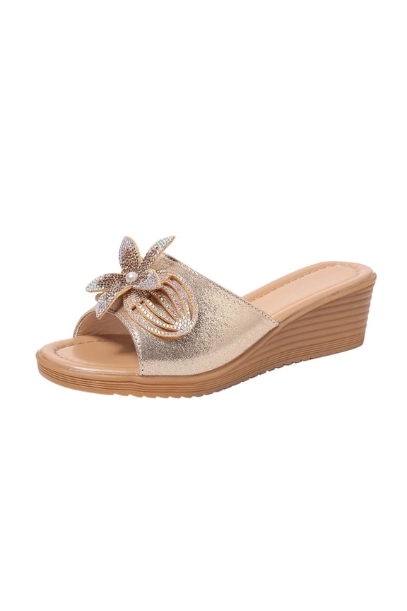 Women's Sparkly Rhinestone Bow Decorated Slide Sandals, Fashion Open Toe Comfort Casual Beach Slippers for Summer Gold 36
