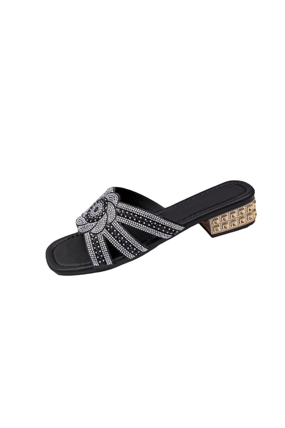 Women's Sparkly Shiny Low Block Heel Sandals, Wide Width Open Toe Comfort Platform Casual Beach Slides Black 36