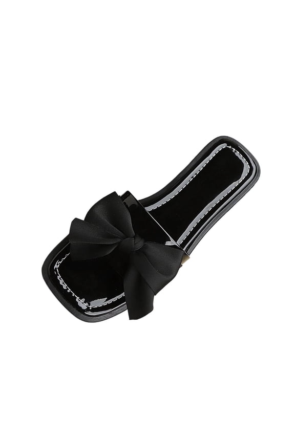 Women's Square Toe Bow Minimalist Lazy Slide Sandals, Flat Comfort Casual Summer Outdoor Beach Daily Slippers Black 38