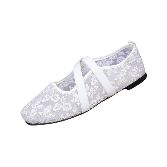 KIJBLAE Women's Square Toe Lace Mesh Mary Jane Flats, Low Cut Slip On Soft Sole All-Match Casual Shoes White 36