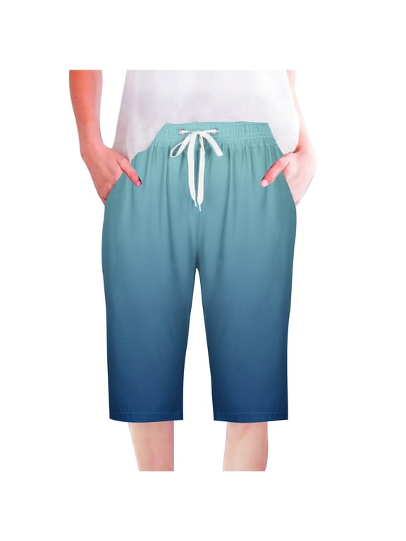 Women's Straight Leg Drawstring Knee Length Shorts Tie Dye Gradient Capri Pants Soft Comfy Lounge Capri Trunks Printed Pockets Elastic Waist Beach Shorts Shorts Blue XL