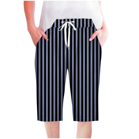 KIJBLAE Women's Striped Drawstring Bermuda Shorts Summer Sleepwear Pajama Shorts Soft Comfy Lounge Capri Trunks Knee Length Lounge Shorts Blue M
