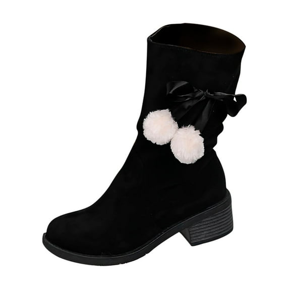 KIJBLAE Women's Suede Ankle Boots Fuzzy Pom Pom Bowknot Winter Boots Block Heel Warm Plush Short Boots Black 42