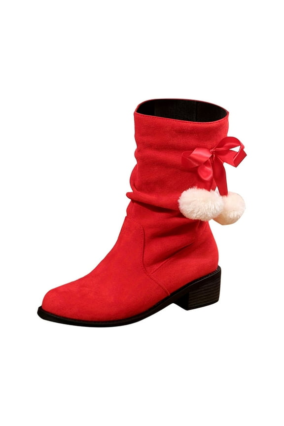 Women's Suede Ankle Boots Fuzzy Pom Pom Bowknot Winter Boots Block Heel Warm Plush Short Boots Red 37