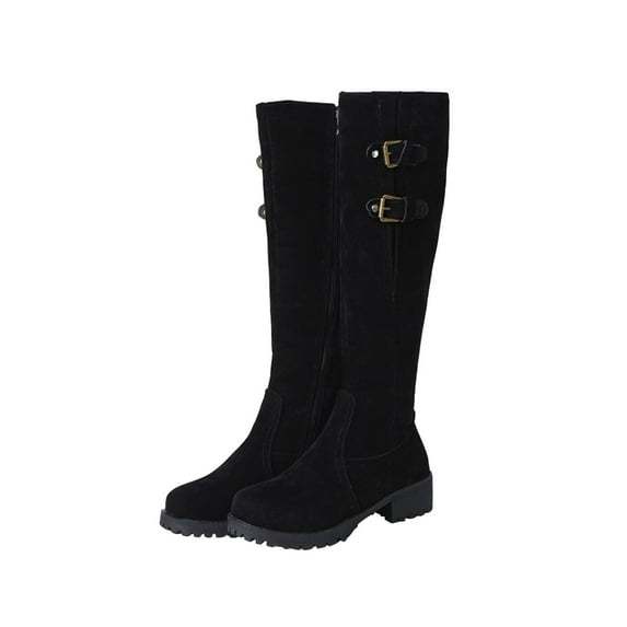 KIJBLAE Women's Suede Over The Knee Boots Round Toe Side Zipper Flat Booties Thigh High Boots Winter Warm Buckle Block Heel Boots Black 43