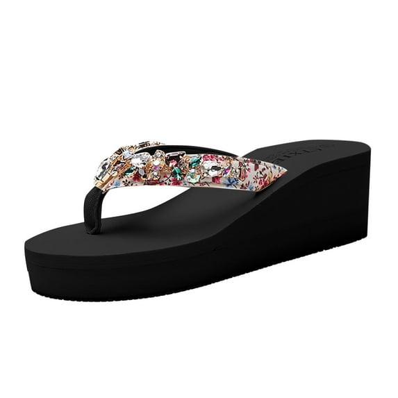 KIJBLAE Women's Summer Bohemia Wedges Flip Flops Sandals Rhinestone Beach Shoes Ladies Bohemia Beach Sandals Female Wedges Flip Flops Black 41