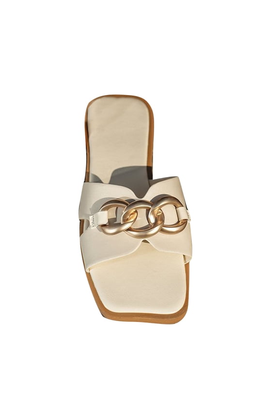 Women's Summer Chain Decor Flat Sandals Square Toe Slip-On Beach Shoes Slides Sandals Ladies Shoes White 39