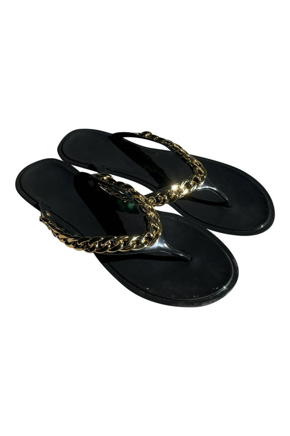 Women's Summer Jelly Sandals Gold Chain Decor Flat Sandals Flip Flops Beach Shoes Non-Slip Thong Sandals Black 37