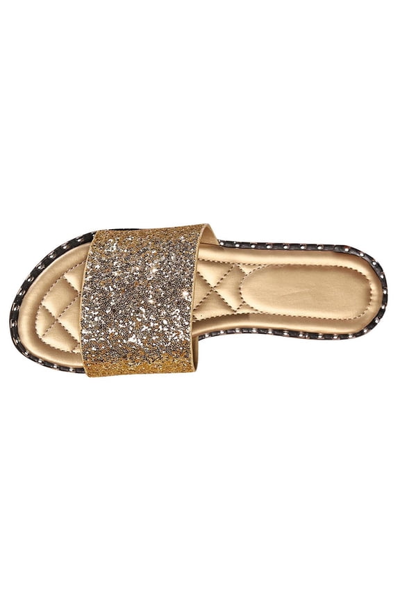 Women's Summer Open Toe Slip On Flat Sandals Bling Rhinestone Non-Slip Beach Shoes Party Slides Gold Gold 43