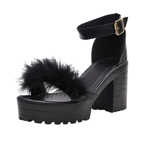 KIJBLAE Women's Summer Sandals Ankle Strap Fluffy Furry High Heels Party Dress Shoes Black 36