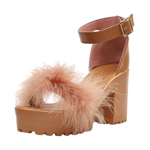KIJBLAE Women's Summer Sandals Ankle Strap Fluffy Furry High Heels Party Dress Shoes Brown 37