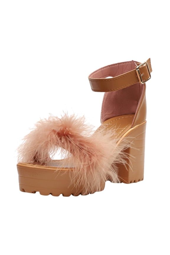 Women's Summer Sandals Ankle Strap Fluffy Furry High Heels Party Dress Shoes Brown 41