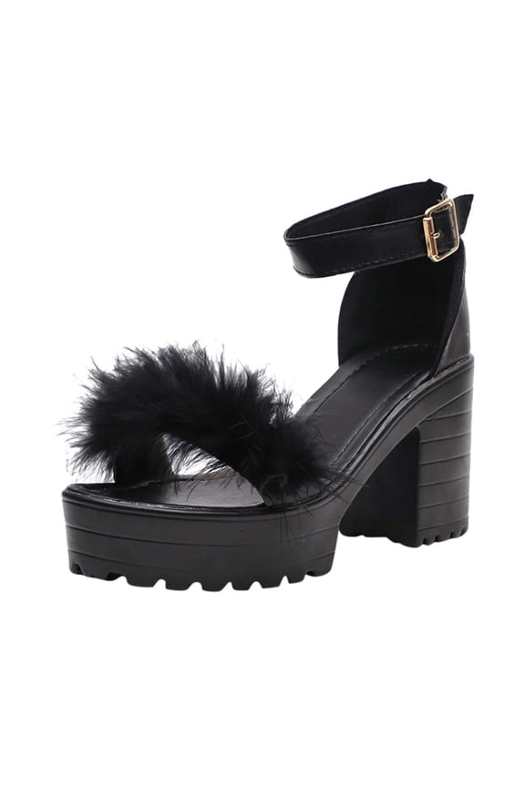Women's Summer Platform Sandals Ankle Strap Fluffy Furry High Heels Party Dress Shoes Black 41