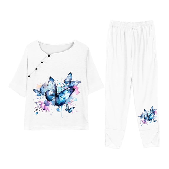 KIJBLAE Women's Summer Two Piece Outfits Blue Butterfly Print Short Sleeve O-Neck Loose Fit Tunic Tops with Pockets Long Pants Pajama Sets White XXXL