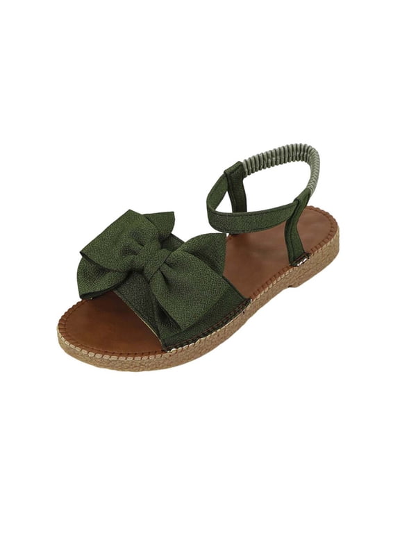 Women's Sweet Bow Flat Sandals, Round Open Toe Back Elastic Strap, Solid Comfy Elegant Daily Outdoor Summer Casual Shoes Army Green 41