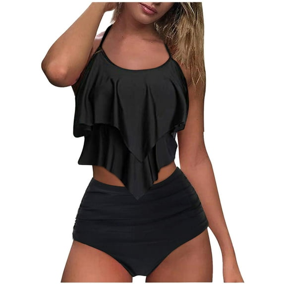 KIJBLAE Women's Tankini Swimsuit Ruffle Tierred Swimwear Sets Solid Color Beachwear Strappy Halter Bathing Suit Summer Beach Outfits for Girls Rollbacks Black S