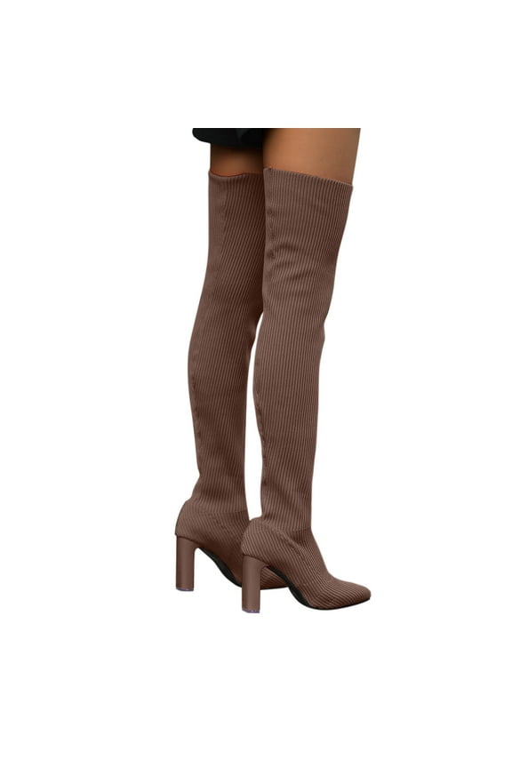 Women's Thigh High Boots Over-the-Knee Boots Stretchy Knit Pointy Toe Knee High Boots Black Suede Platform Boots Brown 36