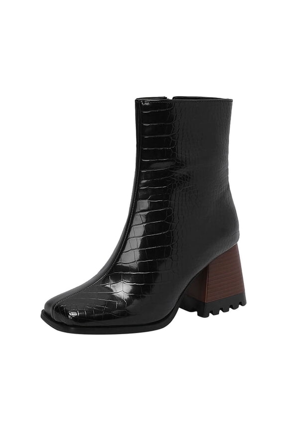 Women's Trendy Snakeskin Pattern Ankle Boots Fashion Block Heel Square Toe Chunky High Heel Zipper Boots Fall Winter Shoes Black 36