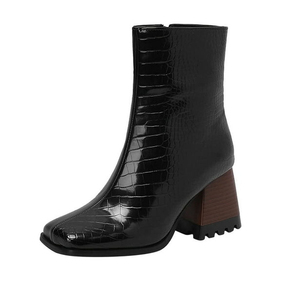 KIJBLAE Women's Trendy Snakeskin Pattern Ankle Boots Fashion Block Heel Square Toe Chunky High Heel Zipper Boots Fall Winter Shoes Black 39