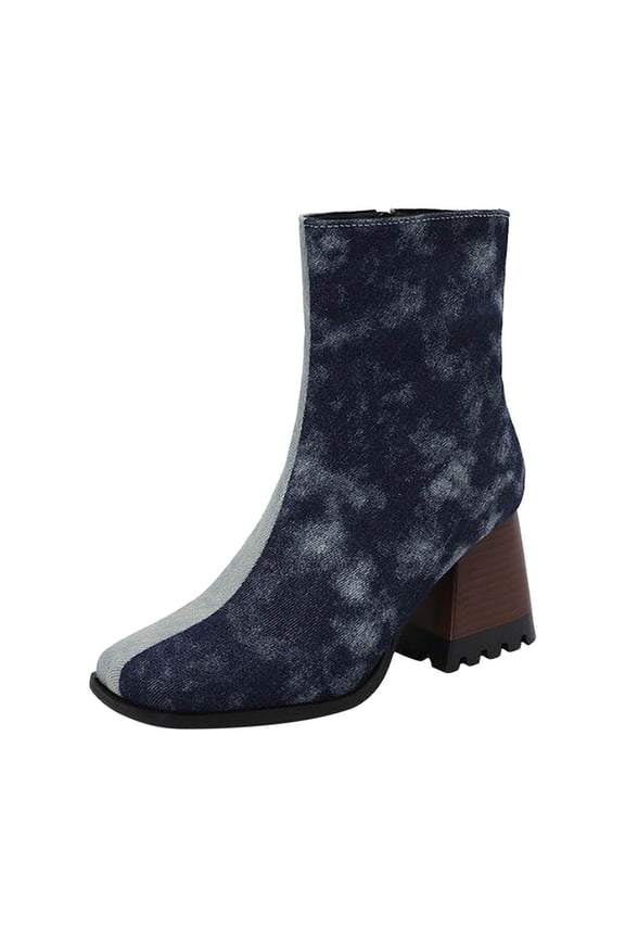 Women's Trendy Snakeskin Pattern Ankle Boots Fashion Block Heel Square Toe Chunky High Heel Zipper Boots Fall Winter Shoes Blue 41