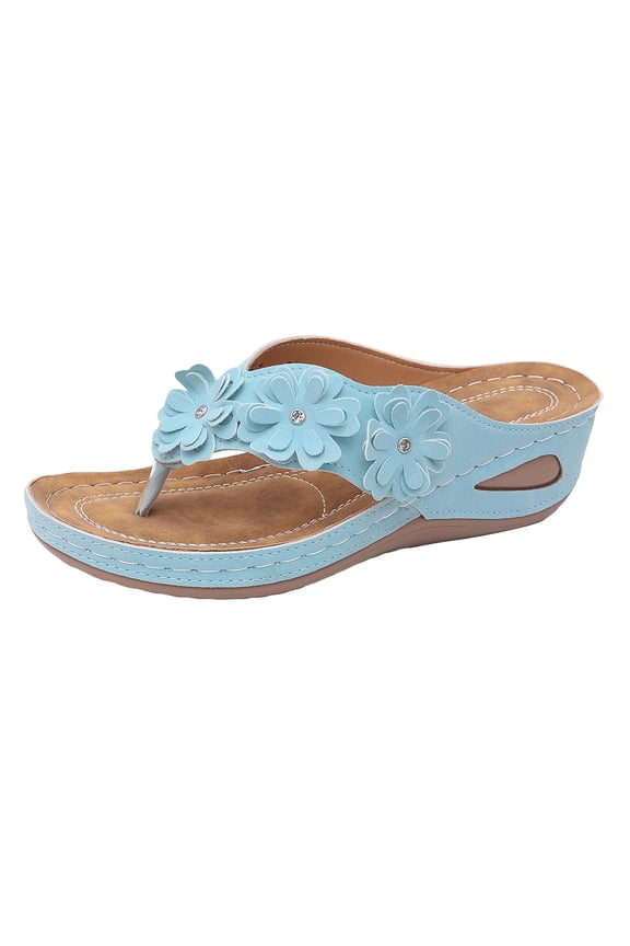 Women's Wedge Flower Thong Sandals, Trendy Plus Size Summer Slippers, Cute Floral Elevated Lightweight Footwear for Daily Outdoor Wear Sky Blue 41