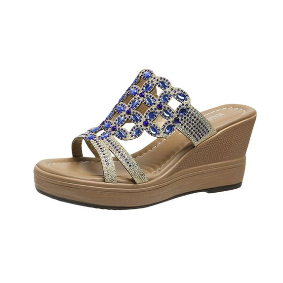 KIJBLAE Women's Wedges Shoes Summer New Retro Casual Knit Water High Heel Straight Slope Heel Slippers Blue 36 Lady Wedges Shoes