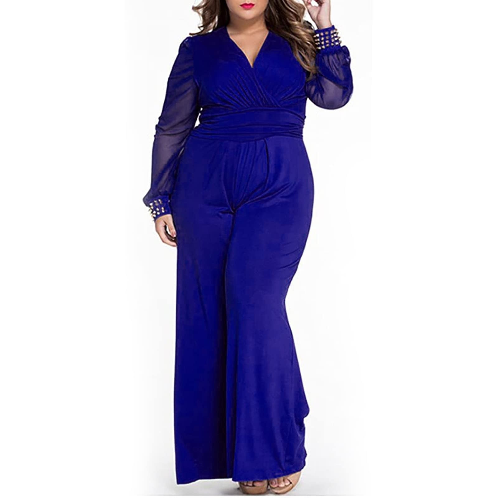 Royal Blue Satin Jumpsuit With High Collar And Long Sleeves For