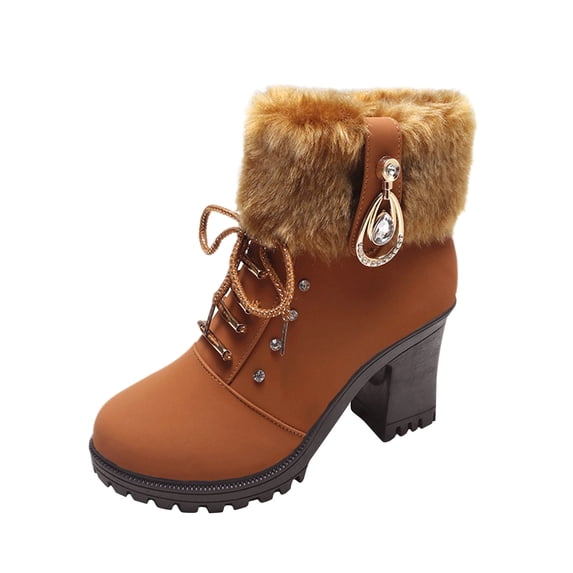 KIJBLAE Women's Winter Boots Fuzzy Fleece Lined Ankle Boots Chunky Heel Lace Up Booties Warm Plush Snow Boots Fashion Shoes Brown 36
