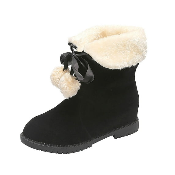 KIJBLAE Women's Winter Warm Snow Boots Faux Fur Lined Booties Shoes Side Bowknot Ball Decor Plush Ankle Boots Round Toe Short Boots Black 40